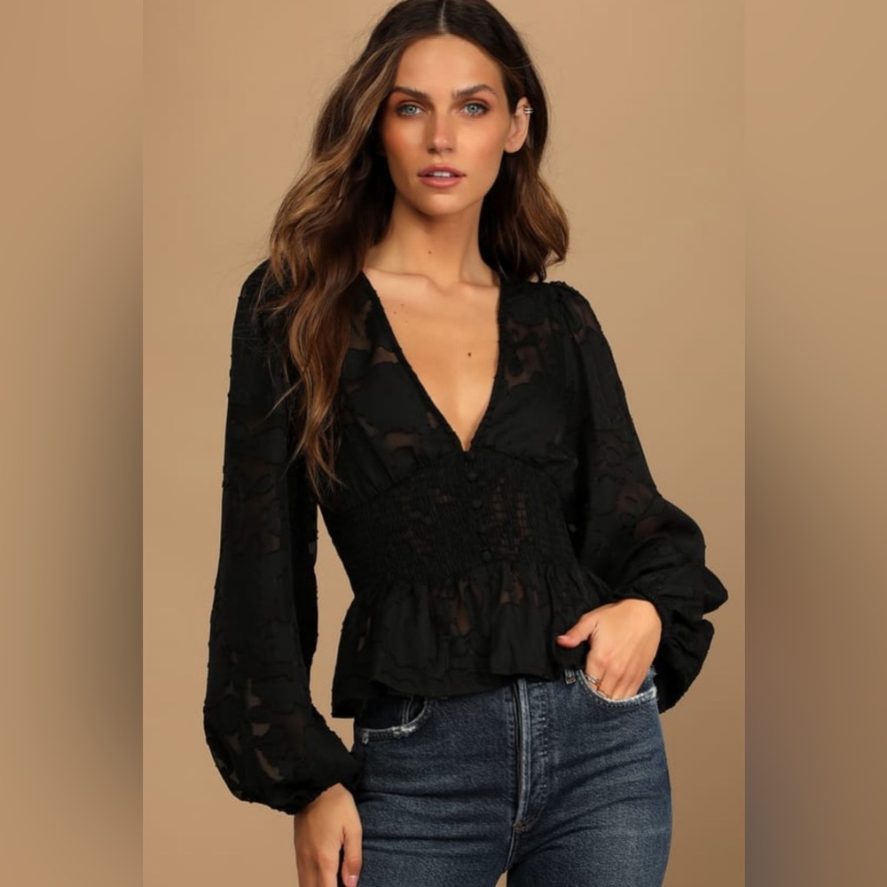Lulu’s Patio Date Black Floral Jacquard Button Up Long Sleeve Top